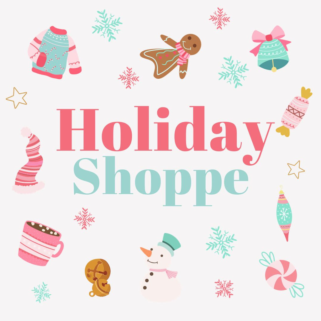 holiday shoppe graphic with holiday motifs