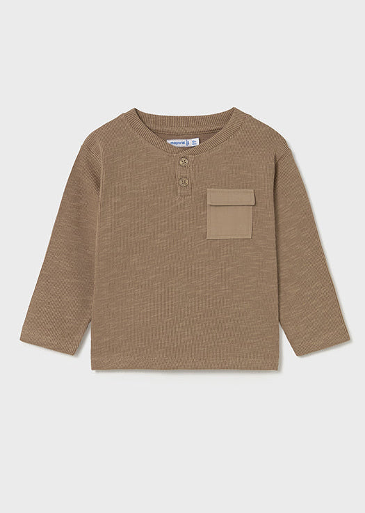 Brown long-sleeve shirt with a pocket on a white background
