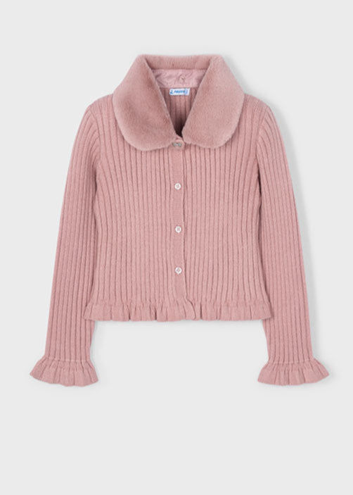 Pink ribbed sweater with a faux fur collar on a light gray background