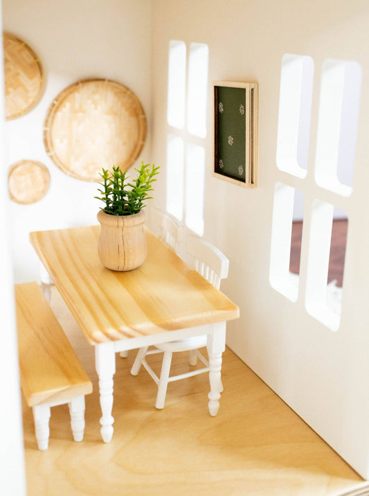 Macy Mae Dollhouse Designs - Dollhouse Farm Style Dining Table | Natural Wood & White