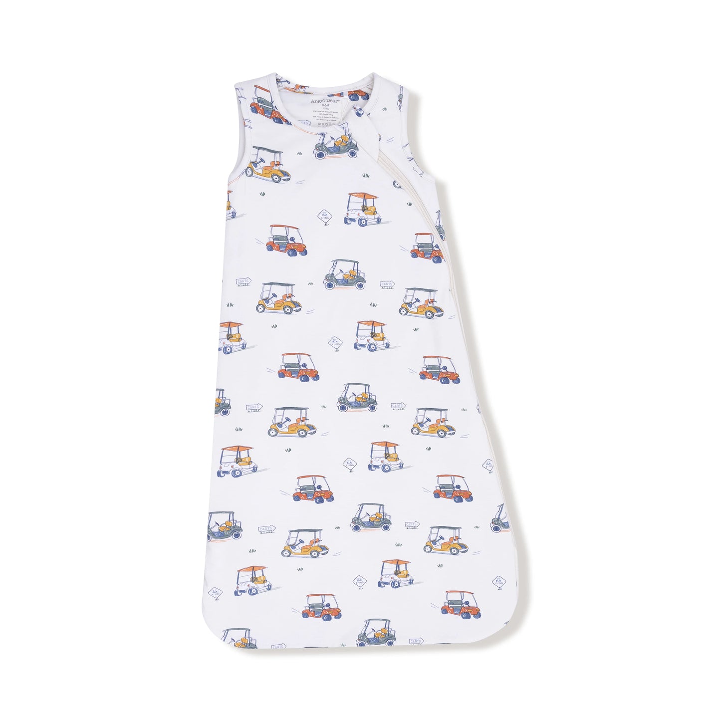 Baby sleeping bag with golf cart pattern on a white background