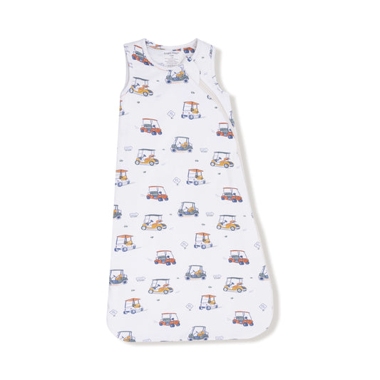 Baby sleeping bag with golf cart pattern on a white background