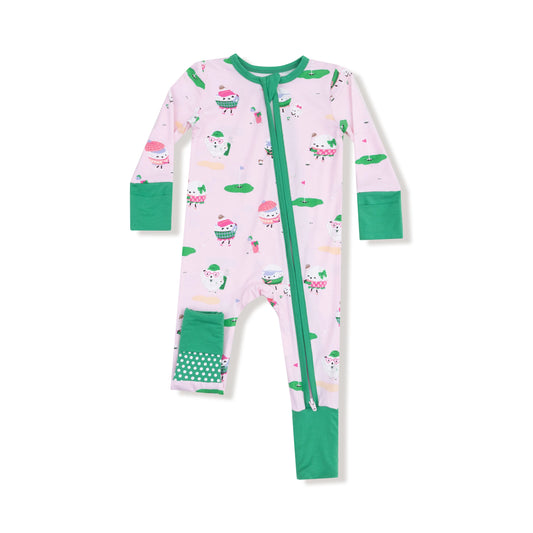 Children's onesie with a pink and green pattern on a white background