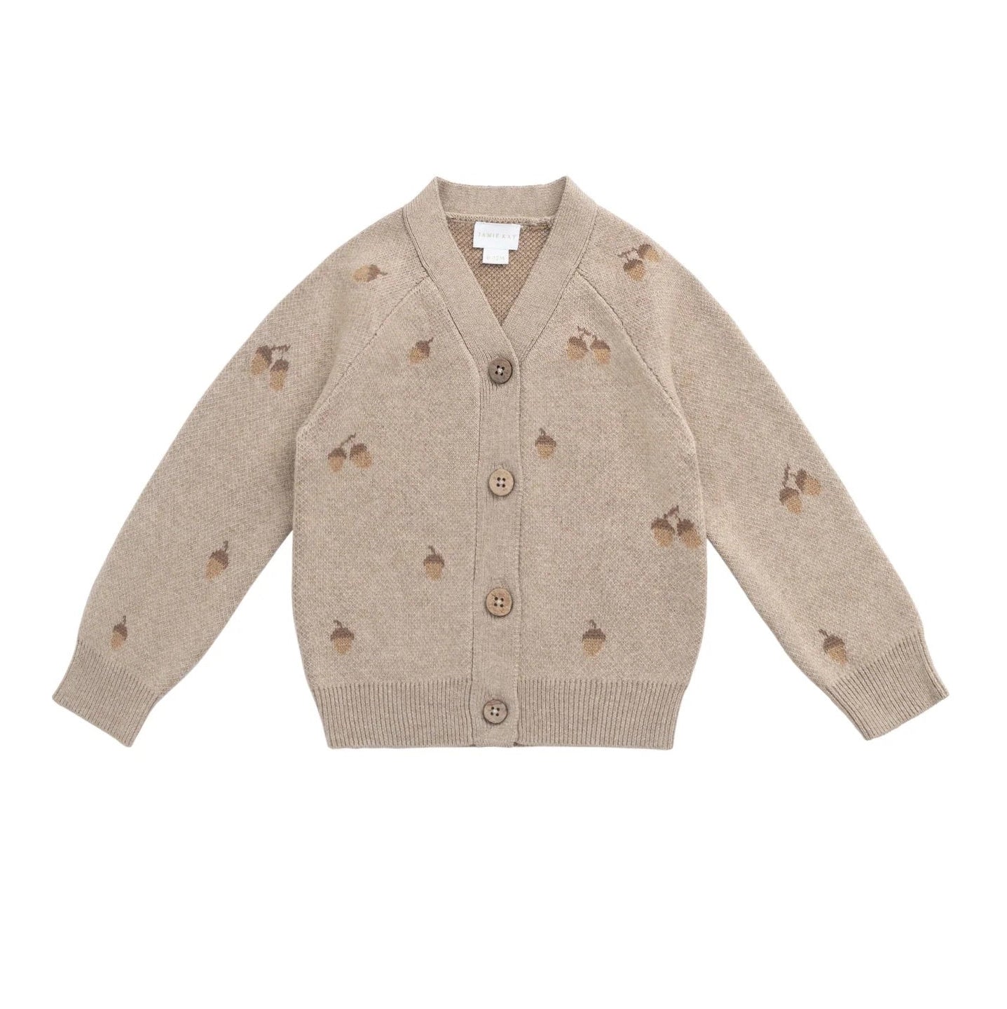 Beige sweater cardigan with acorn patterns on a white background