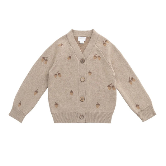 Beige sweater cardigan with acorn patterns on a white background