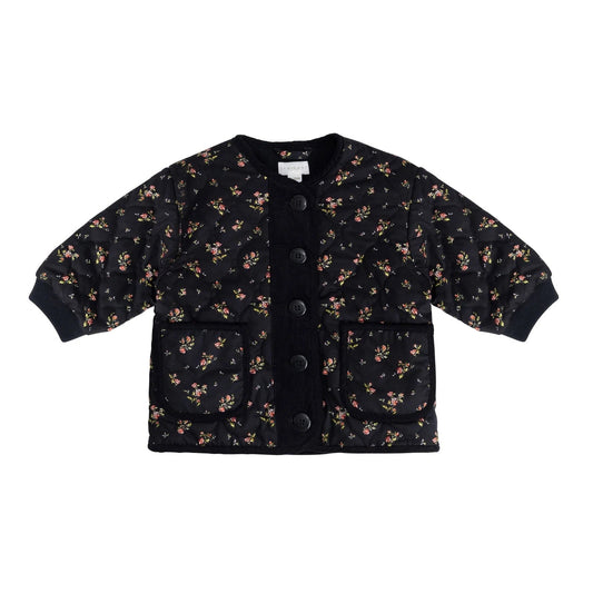 Black floral patterned jacket on a white background
