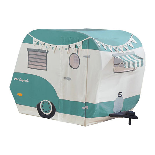 Teal and white camper-shaped play tent with decorative elements on a white background