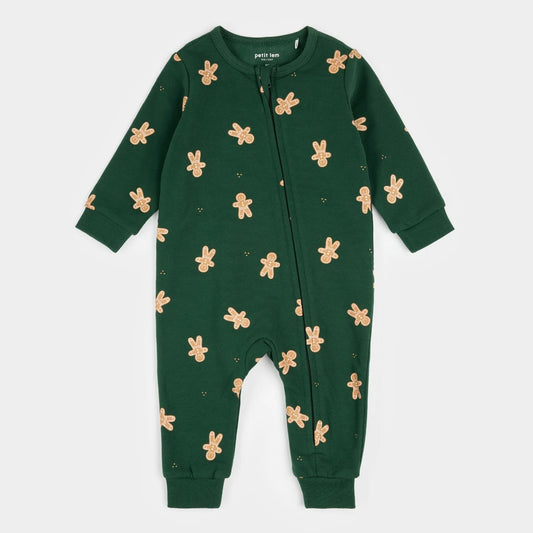 Gingerbread Man Print on Dark Green Fleece Playsuit