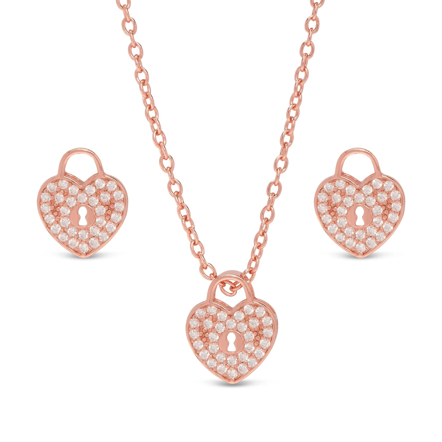 Pave CZ Heart Lock Necklace and Earrings Set