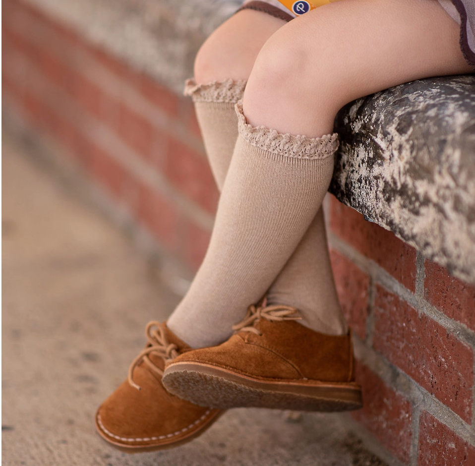Lace Top Knee High Socks - Oat