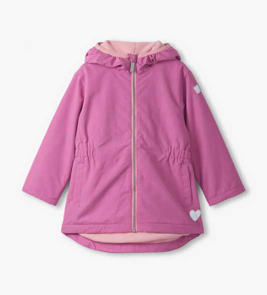 Pink children's jacket with a heart design on a white background