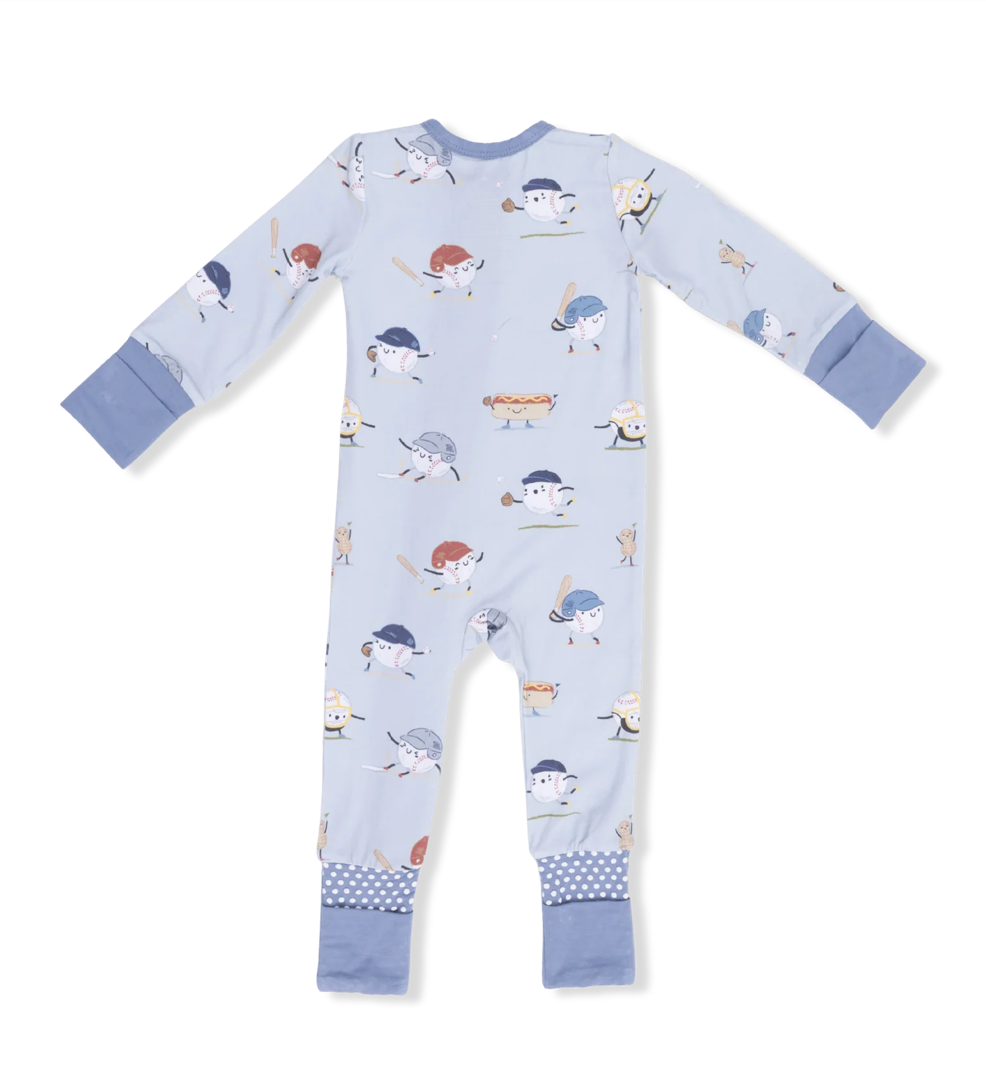 Children's onesie with baseball-themed print on a white background