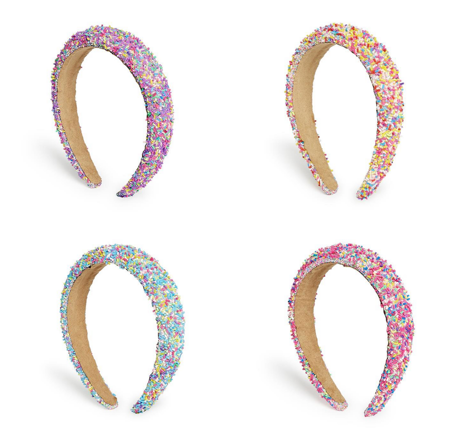 Four colorful headbands with a white background