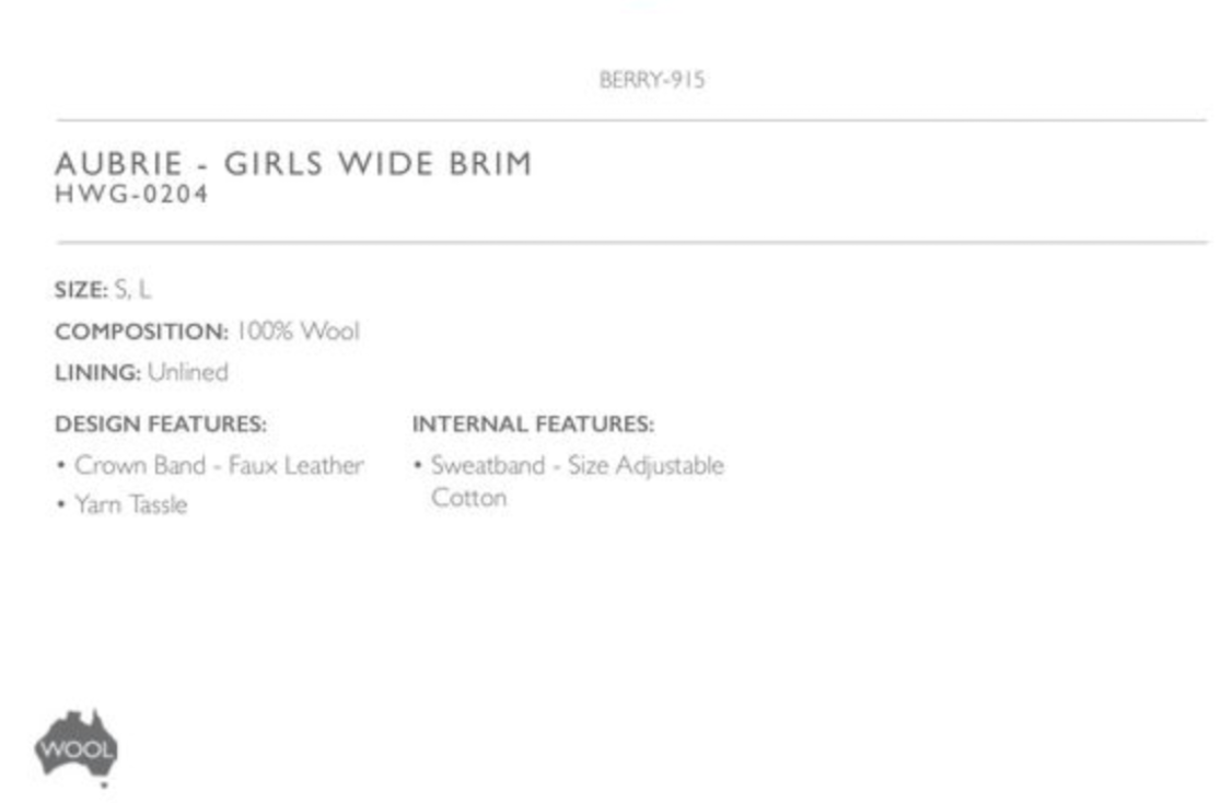 Girls Wide Brim - Aubrie - Berry