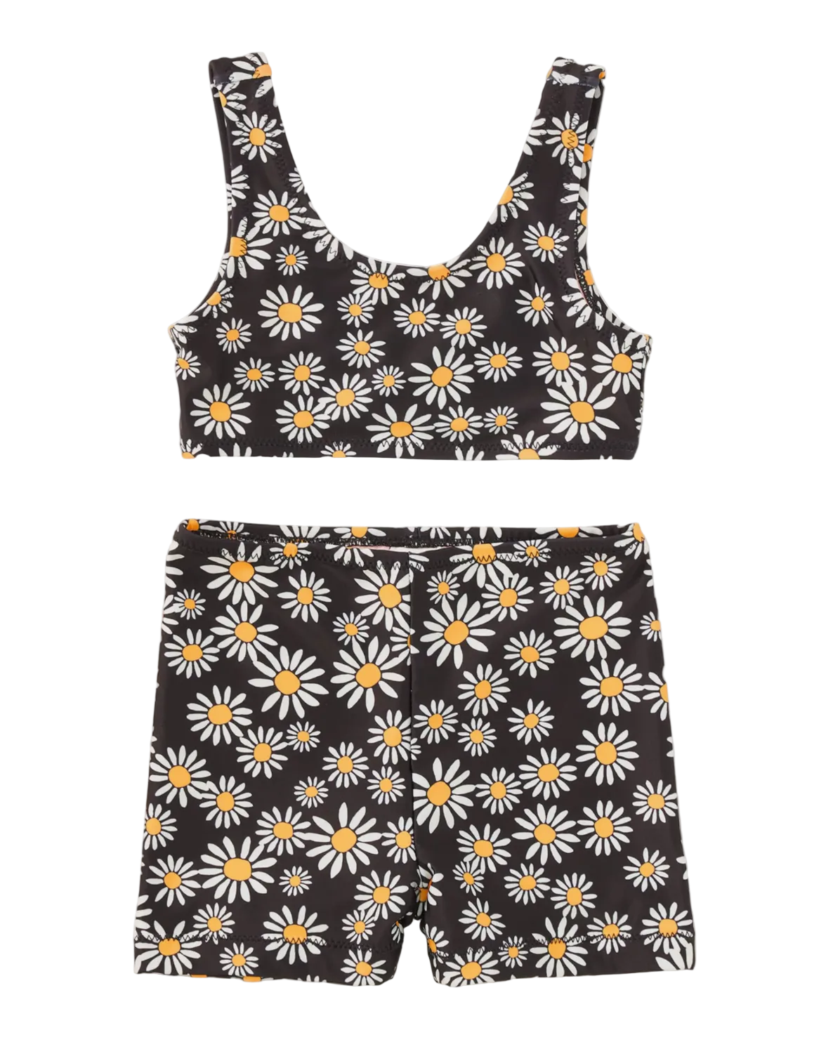 Black floral-patterned top and shorts set on a white background