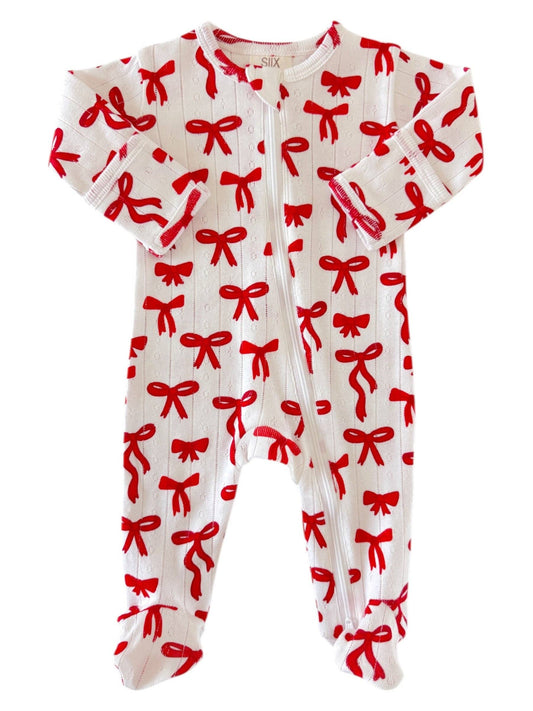 Red Bows / Organic Pointelle 2-Way Zip Footie