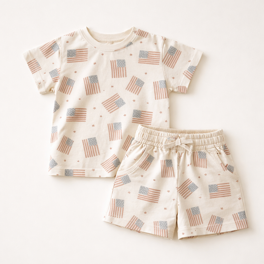 4th of July Flag Print Shorts Set