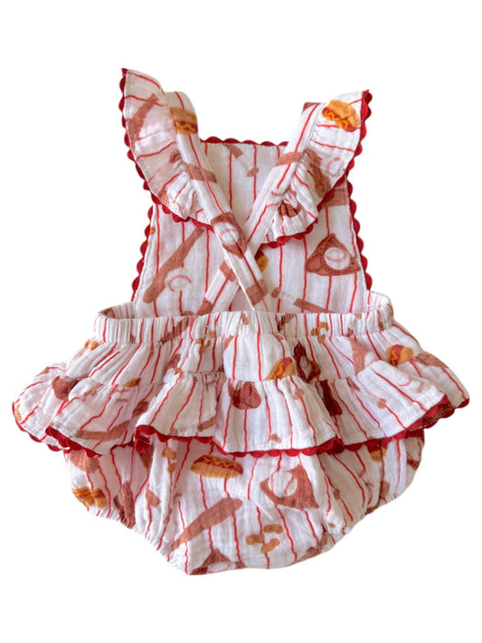 Organic Muslin Ric-Rac Ruffle Sunsuit, Baseball Game