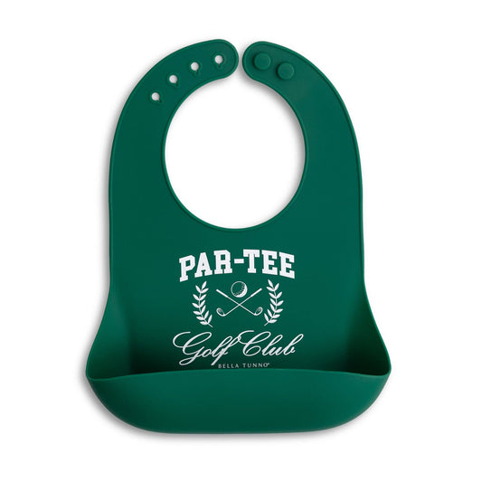 A green silicone baby bib with the text 'PAR-TEE Golf Club' printed on the front, featuring a small golf club logo and a laurel wreath illustration.