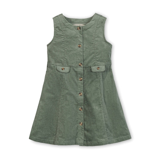 Green sleeveless dress with buttons on a white background