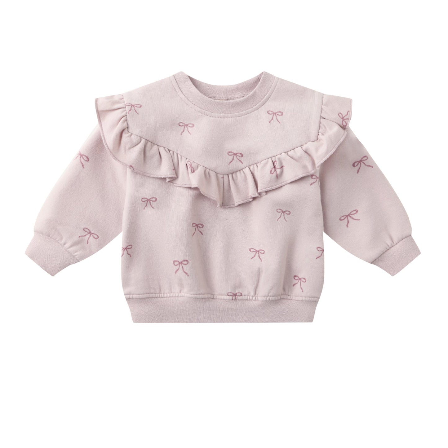 Pink baby sweater with ruffled details on a white background