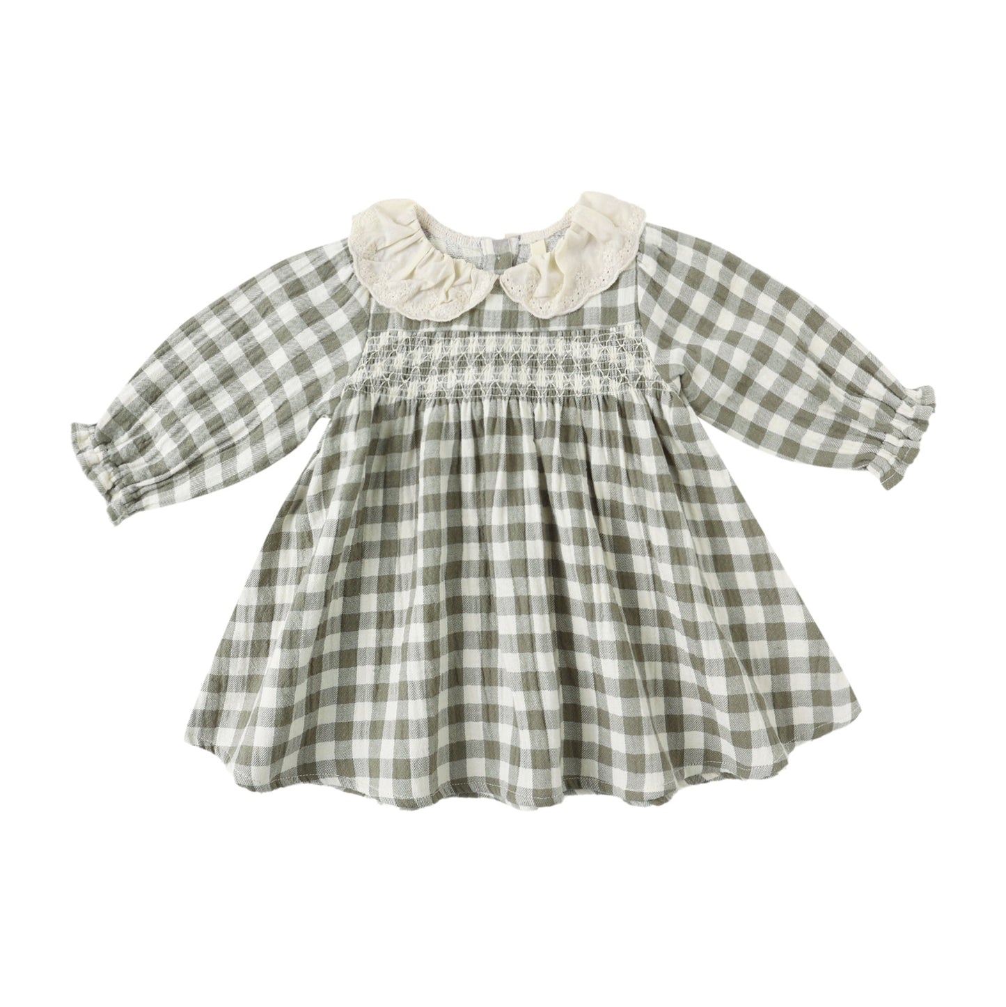 Green and white checkered dress with lace collar on a white background