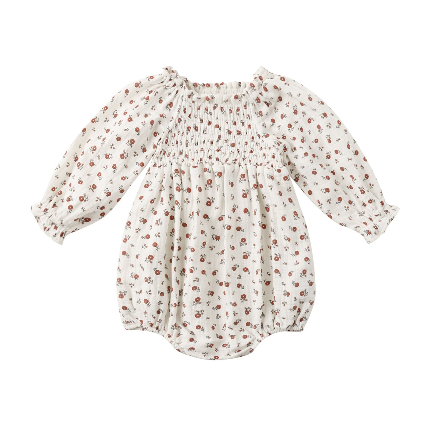 Baby romper with floral pattern on a white background