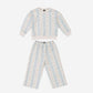 A two-piece children's pajama set consisting of a long-sleeve top and matching pants, featuring vertical light blue and cream stripes with a small pink and gold floral pattern, displayed on a light gray background.