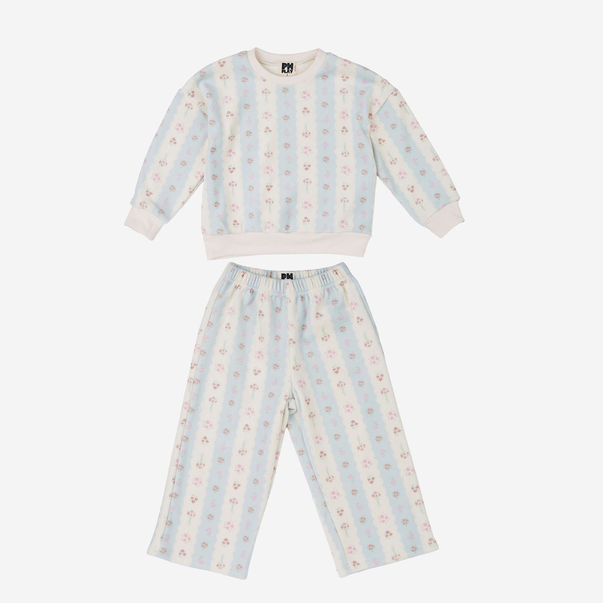 A two-piece children's pajama set consisting of a long-sleeve top and matching pants, featuring vertical light blue and cream stripes with a small pink and gold floral pattern, displayed on a light gray background.