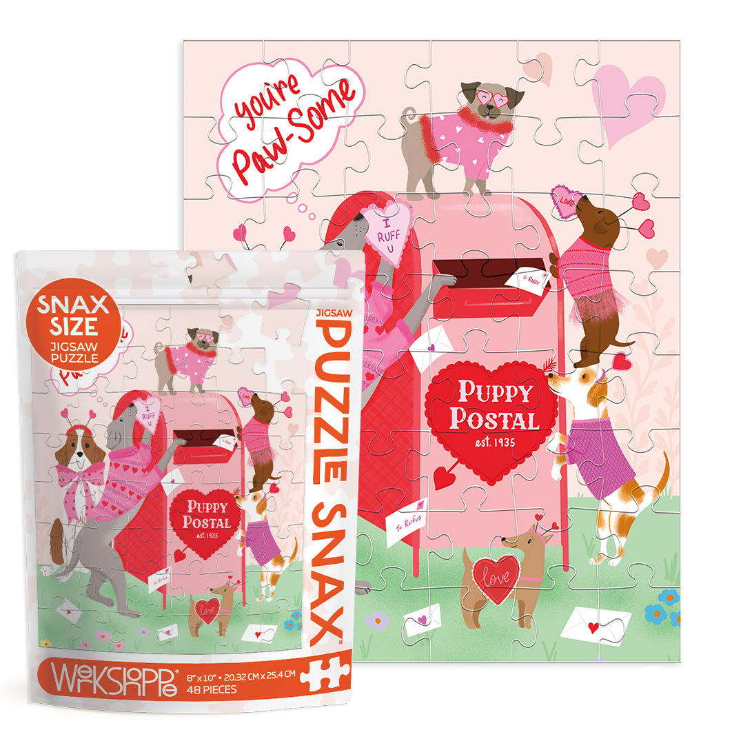 Puppy Snax size puzzle with dogs around a mailbox and 'You're Paw-some' text.