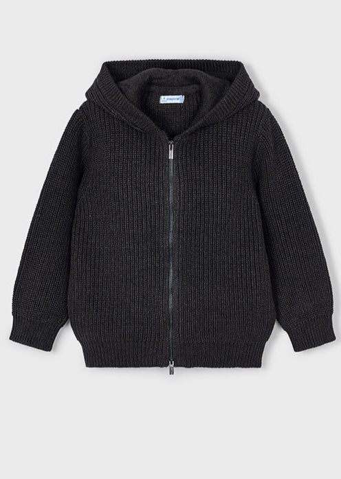 Black knitted hoodie with a zipper on a light gray background