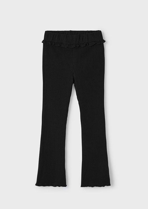 Black ribbed pants with ruffled waistband on a white background