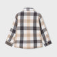A long-sleeve plaid button-up shirt shown from the back, featuring a checkered pattern of beige, brown, gray, and black on a light cream background, displayed against a solid light gray background.