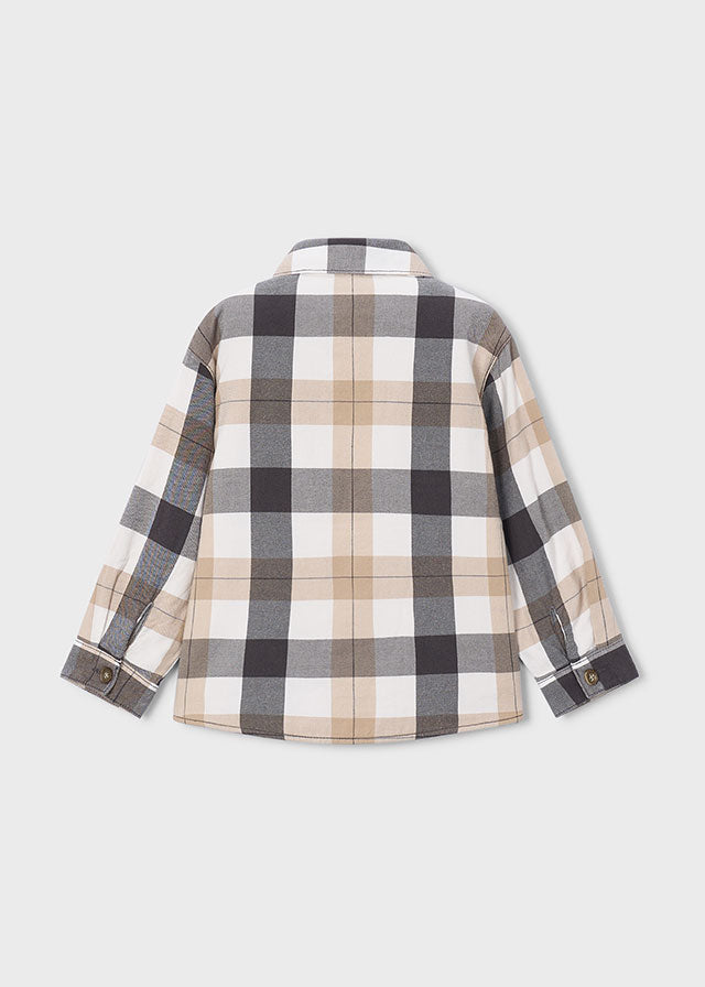 A long-sleeve plaid button-up shirt shown from the back, featuring a checkered pattern of beige, brown, gray, and black on a light cream background, displayed against a solid light gray background.