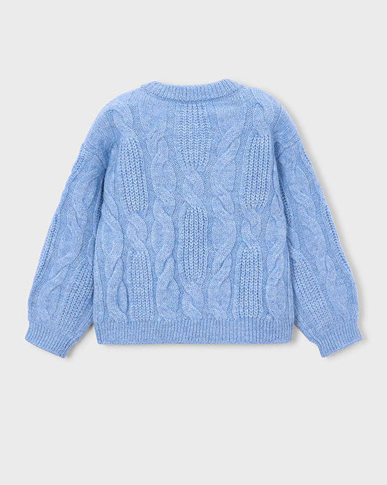 Blue knitted cardigan on a light gray background