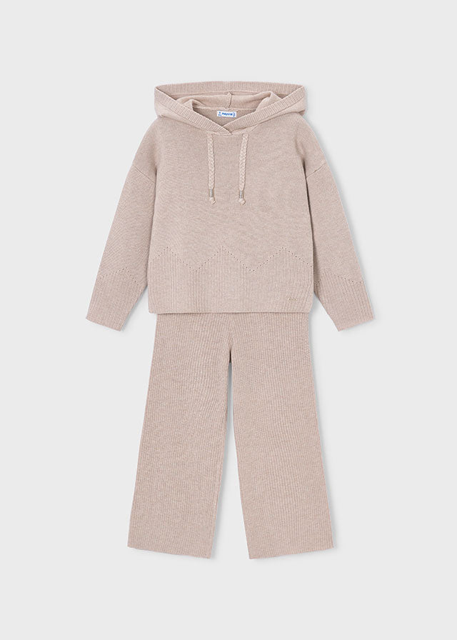 A two-piece children's knit loungewear set in a soft, heathered dusty pink color, featuring a hooded sweatshirt with drawstrings and matching wide-leg pants, displayed on a light gray background.