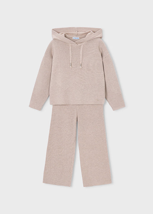 A two-piece children's knit loungewear set in a soft, heathered dusty pink color, featuring a hooded sweatshirt with drawstrings and matching wide-leg pants, displayed on a light gray background.