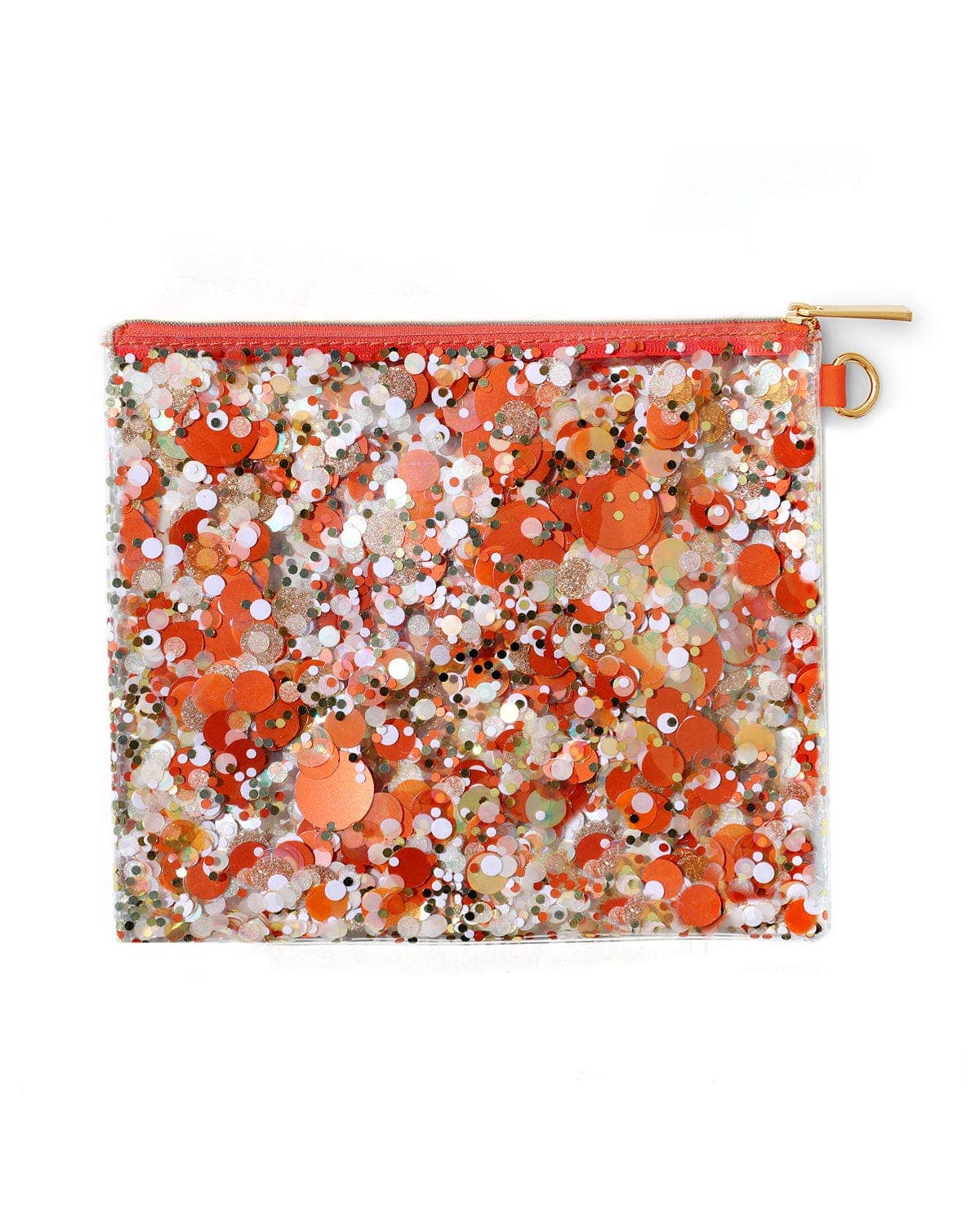 Glittery pouch with orange and white pattern on a white background