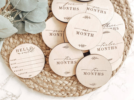 Round Baby Milestone Discs | Wooden Monthly Cards for First Year Photos