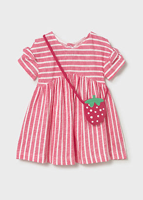 Coral pink and white striped dress with a matching strawberry bag on a light gray background