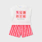 Children's outfit with a white top with pink ocean graphics and pink striped shorts on a white background