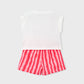 White top and red striped shorts on a white background