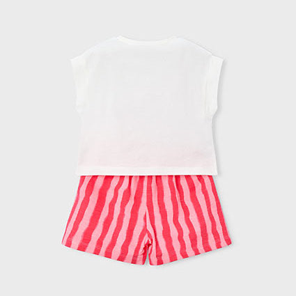 White top and red striped shorts on a white background