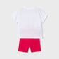 White t-shirt and red shorts on a light gray background