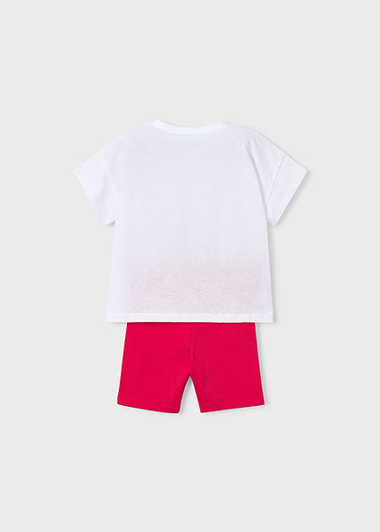 White t-shirt and red shorts on a light gray background