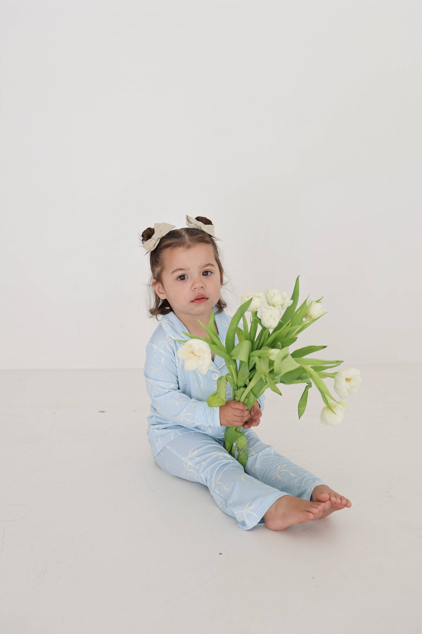 Girl’s Bamboo Button Up Lounge Set | Blue Bows