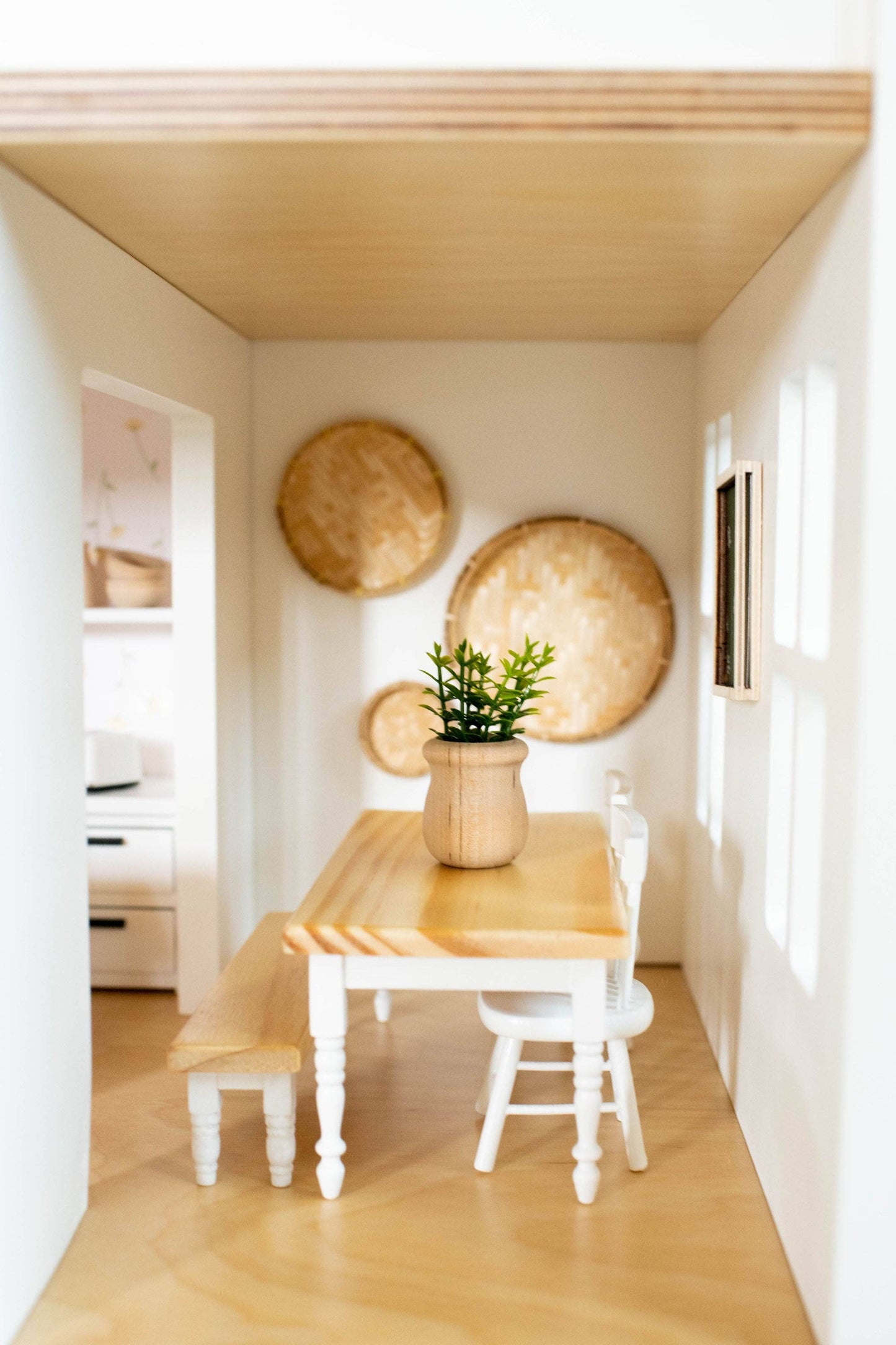 Macy Mae Dollhouse Designs - Dollhouse Farm Style Dining Table | Natural Wood & White