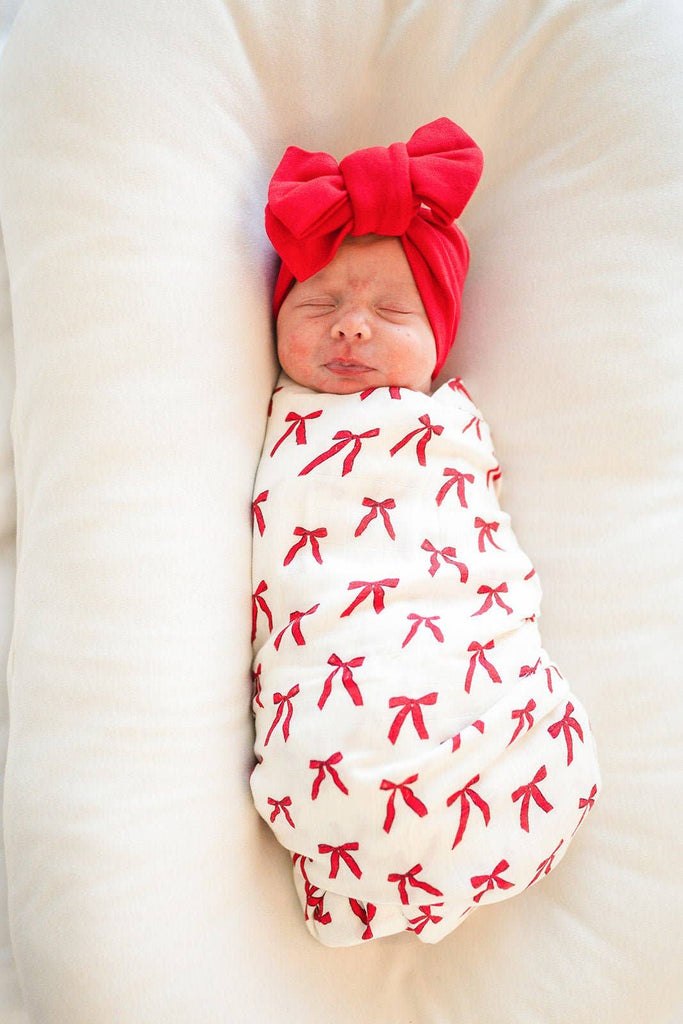 Harp Angel Boutique - Muslin Swaddle Blanket - Red Bows