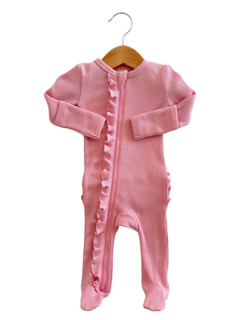 Organic Waffle Ruffle Zip Footie, Pink