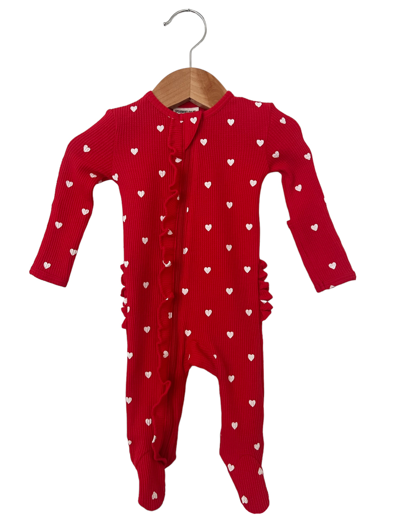 Organic Waffle Ruffle Zip Footie, Little White Heart (on Red)